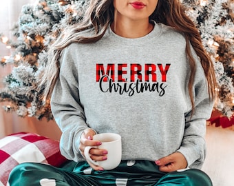 Buffalo Plaid Merry Christmas Sweatshirt - Family Holiday Shirt