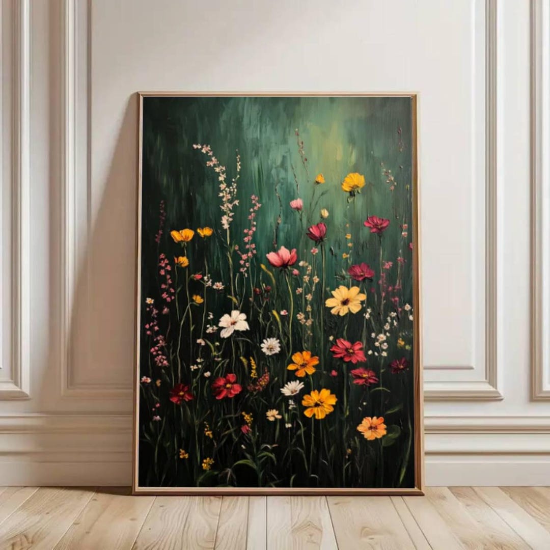 Wildflower Field Canvas Print: Vintage Botanical Landscape Framed Wall ...