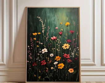 Wildflower Field Canvas Print: Vintage Botanical Landscape Framed Wall Art
