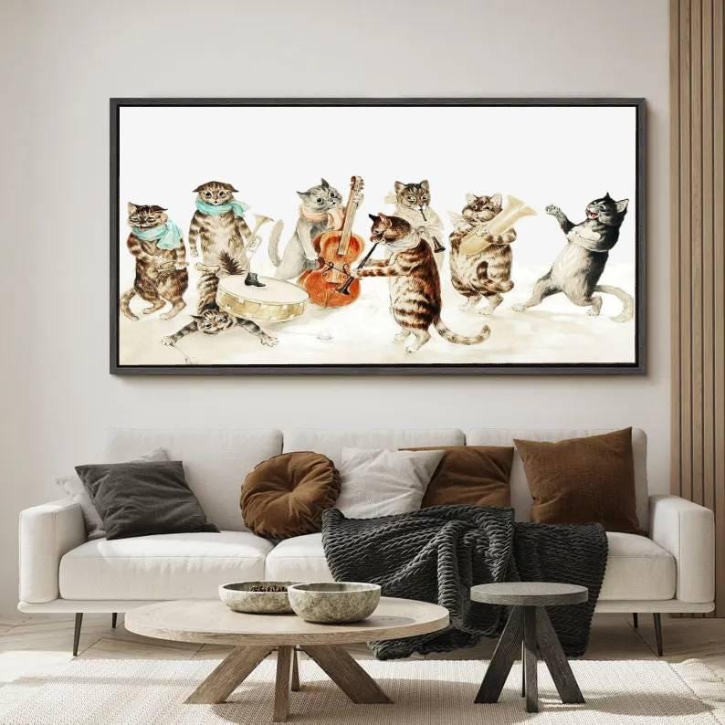 Whimsical Cat Wall Art Print, Panoramic Funny Musician Cats Painting ...