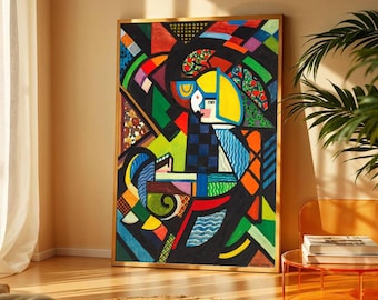 Abstract Geometric Woman Painting, Colorful Cubism Wall Art, Modern Picasso Canvas, Contemporary Abstract Face Art Print, Vibrant Home Decor