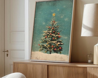 Vintage Christmas Tree Wall Art, Retro Holiday Canvas, Snowy Christmas Decor, Festive Winter Artwork, Rustic Xmas Poster,Christmas Home art