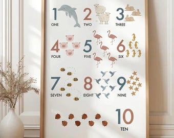 Cute Animals Numbers Poster for Kids Nursery, Educational Boho Style Numbers Art Print for Playroom, Scandinavian Design Toddler Wall Decor