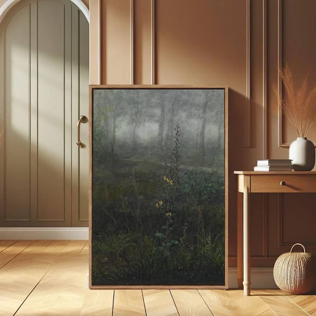 Misty Forest Landscape Painting, Dark Nature Wall Art, Moody Woodland ...