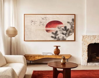 Japanese Red Sun Wall Art, Minimalist Asian Landscape Print,Crane Birds and Pine Tree Painting,Wabi Sabi Zen Decor,Japandi Style Wall Poster