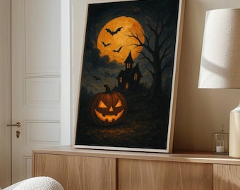 Halloween Pumpkin Wall Art | Spooky Haunted House Canvas with Full Moon, Gothic Bats, Jack O Lantern, Witchy Night Decor for Halloween