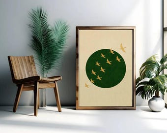Japandi Moon Canvas Wall Art, Framed Flock of Birds Print, Feng Shui Neutral Decor, Japanese Sun Art, Large Living Room Decor, Oriental Art