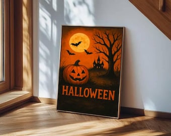 Vintage Halloween Wall Art, Spooky Pumpkin Poster, Retro Haunted House Print, Gothic Holiday Home Decor, Halloween Canvas Sign