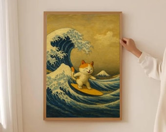 The Great Wave Off Kanagawa Wall Art, Home Decor available Framed, Japanness Cat Wall Art, Gift For Her, Gift For Him