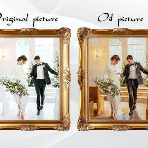 Pode incluir: Duas imagens emolduradas lado a lado, rotuladas como Original picture e Oil picture, mostrando um casal caminhando pelo corredor de uma igreja. A imagem da esquerda &eacute; uma fotografia, a da direita &eacute; uma pintura a &oacute;leo. Molduras douradas.