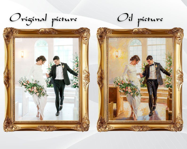 Pode incluir: Duas imagens emolduradas lado a lado, rotuladas como Original picture e Oil picture, mostrando um casal caminhando pelo corredor de uma igreja. A imagem da esquerda &eacute; uma fotografia, a da direita &eacute; uma pintura a &oacute;leo. Molduras douradas.