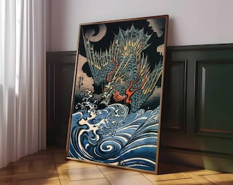 Japanese Dragon Wall Art, Ukiyo-e Style Ocean Waves Print, Samurai Dragon Poster, Vintage Japanese Artwork, Asian Mythical Creature Canvas