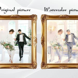May include: Two framed pictures side-by-side, one a photograph and the other a watercolor painting. Both depict a wedding scene with a couple holding hands. The frames are ornate gold with the text "Original picture" and "Watercolor picture" above each.