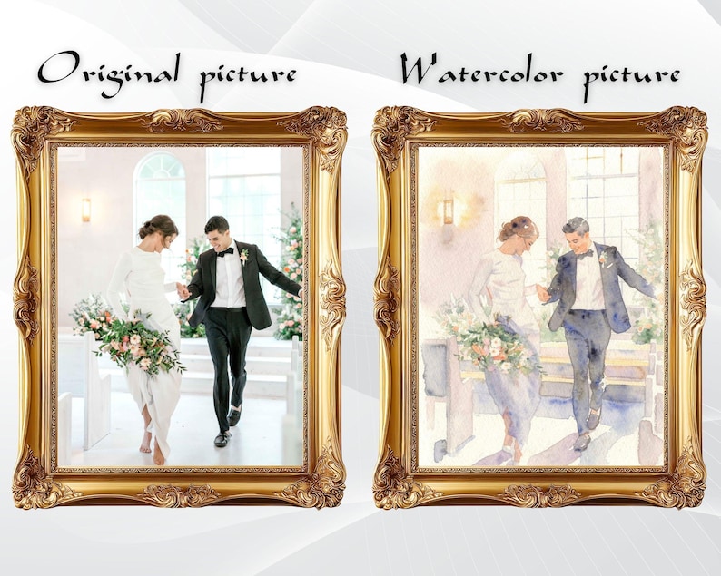 May include: Two framed pictures side-by-side, one a photograph and the other a watercolor painting. Both depict a wedding scene with a couple holding hands. The frames are ornate gold with the text "Original picture" and "Watercolor picture" above each.