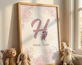 Personalized Baby Name Sign, Custom Initial Nursery Wall Art, Baby Girl Nursery Decor, Floral Name Print, Blush Pink Nursery Poster Canvas