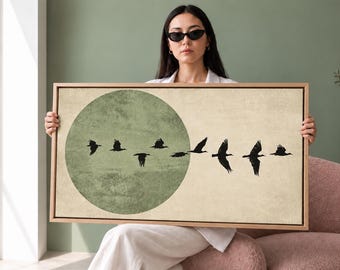 Japandi Green Moon Canvas Wall Art, Framed Flock of Birds Print, Feng Shui Neutral Decor, Japanese Sun Art, Large Living Room Decor