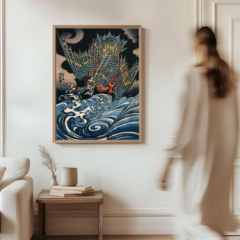 Japanese Dragon Wall Art, Ukiyo-e Style Ocean Waves Print, Samurai ...