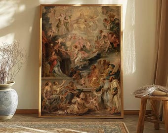 Baroque Religious Painting Print, Rubens Style Oil Painting, Large Canvas Wall Art, Heavenly Scene, Vintage Catholic Art Decor,Framed Canvas