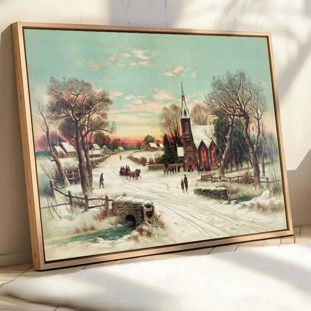 Vintage Winter Village Wall Art, Christmas Landscape Print, Snowy ...