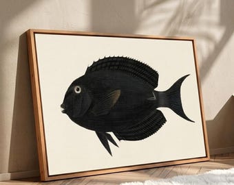 Black Fish Wall Art Canvas, Modern Living Room Interior Canvas, Horizontal Frame Canvas Above Sofa, Minimalist Canvas Frame Mockup
