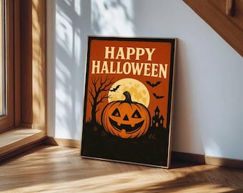 Vintage Halloween Wall Art, Spooky Pumpkin Poster, Retro Haunted House Print, Gothic Holiday Home Decor, Halloween Canvas Sign