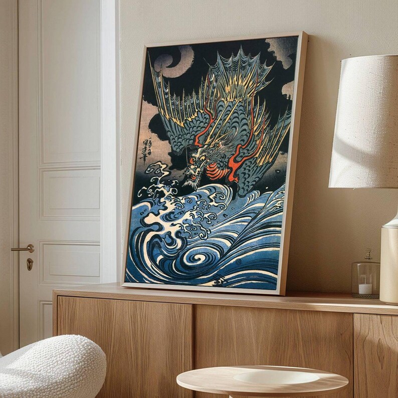 Japanese Dragon Wall Art, Ukiyo-e Style Ocean Waves Print, Samurai ...