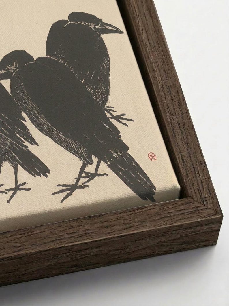 Crow Frame Japanese Crow Wall Art, Vintage Raven Woodblock Print, Minimalist Bird ...