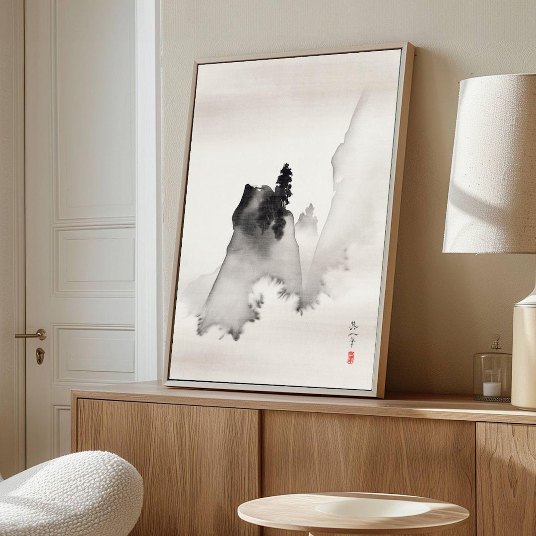 Minimalist Ink Wash Wall Art, Zen Mountain Landscape Print, Japanese ...