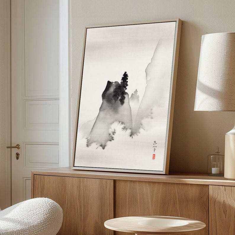 Minimalist Ink Wash Wall Art, Zen Mountain Landscape Print, Japanese ...