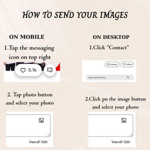 Pode incluir: Um gr&aacute;fico de instru&ccedil;&otilde;es intitulado HOW TO SEND YOUR IMAGES com duas colunas. A esquerda mostra passos m&oacute;veis: 1. Tap the messaging icon on top right, 2. Tap photo button and select your photo. A direita mostra passos de desktop: 1. Click Contact, 2. Click pn the image button and select your photo.