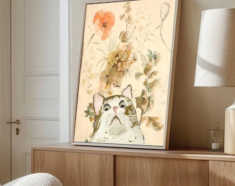Whimsical Cat and Floral Print, Funny Cat Wall Art, Vintage Style Botanical Art,Quirky Animal Lover Gift, Pet Portrait Canvas for Home Decor
