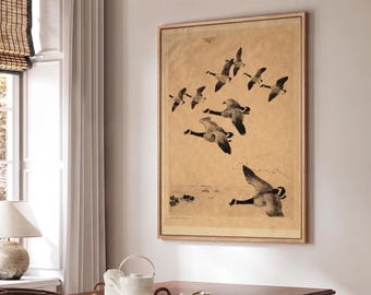 Flying Geese Vintage Wall Art, Antique Bird Sketch Print, Neutral Cottagecore Decor, Wild Geese Sketch Drawing, Rustic Farmhouse Canvas Art