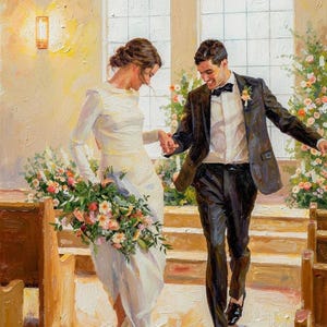 Pode incluir: Uma pintura a &oacute;leo retratando um casal caminhando pelo corredor de uma igreja. A pessoa &agrave; esquerda veste um vestido branco de mangas compridas e segura um grande buqu&ecirc; de flores. A pessoa &agrave; direita veste terno preto e gravata borboleta.