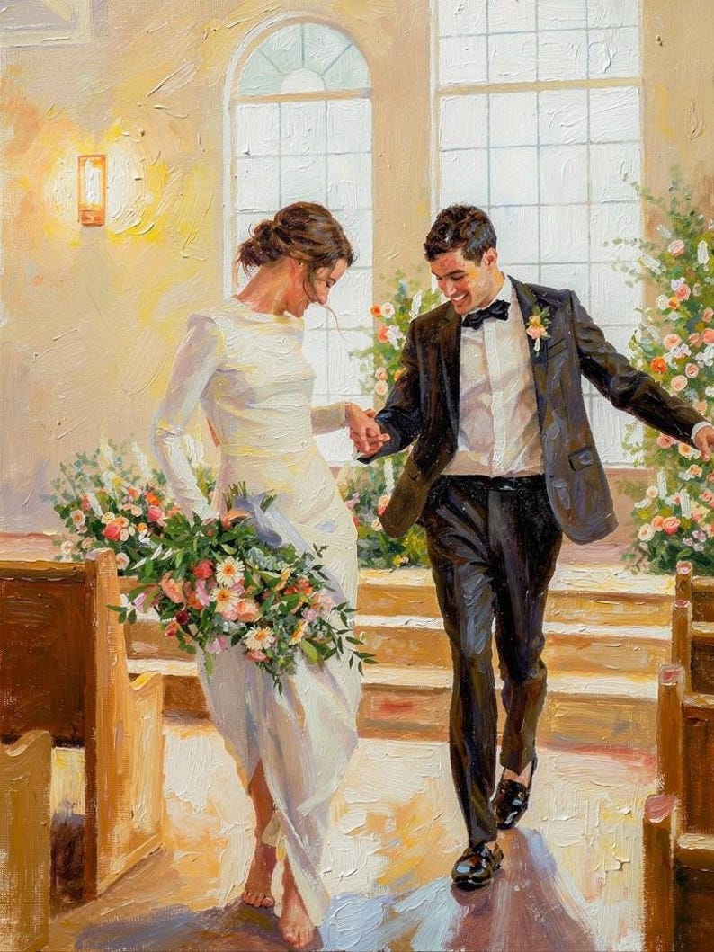 Pode incluir: Uma pintura a &oacute;leo retratando um casal caminhando pelo corredor de uma igreja. A pessoa &agrave; esquerda veste um vestido branco de mangas compridas e segura um grande buqu&ecirc; de flores. A pessoa &agrave; direita veste terno preto e gravata borboleta.