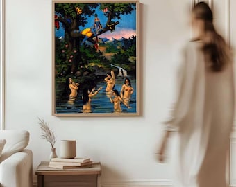 Vintage Krishna Art Print, Hindu Mythology Wall Art, Indian Spiritual Decor, Boho Meditation Poster, Sacred River Painting