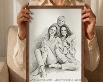 Custom Pencil Portrait  Illustration from Photo, Personalized New Mom Gift, First Mother’s Day Gift, Family Sketch Drawing Frame Canvas