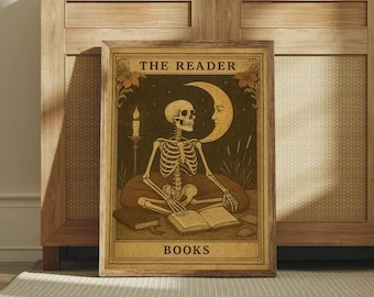 Skeleton Reader Tarot Card Canvas Print - Witchy Book Lover Art