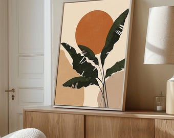 Minimalist Botanical Wall Art, Modern Tropical Leaf Canvas, Abstract Sun Plant Poster, Neutral Boho Wall Decor, Mid Century Modern Art