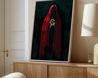 Gothic Wall Art Print, Catholic Red Veil Woman Artwork, Dark Mystical Portrait, Dramatic Religious Art, Moody Home Decor Wall Canvas