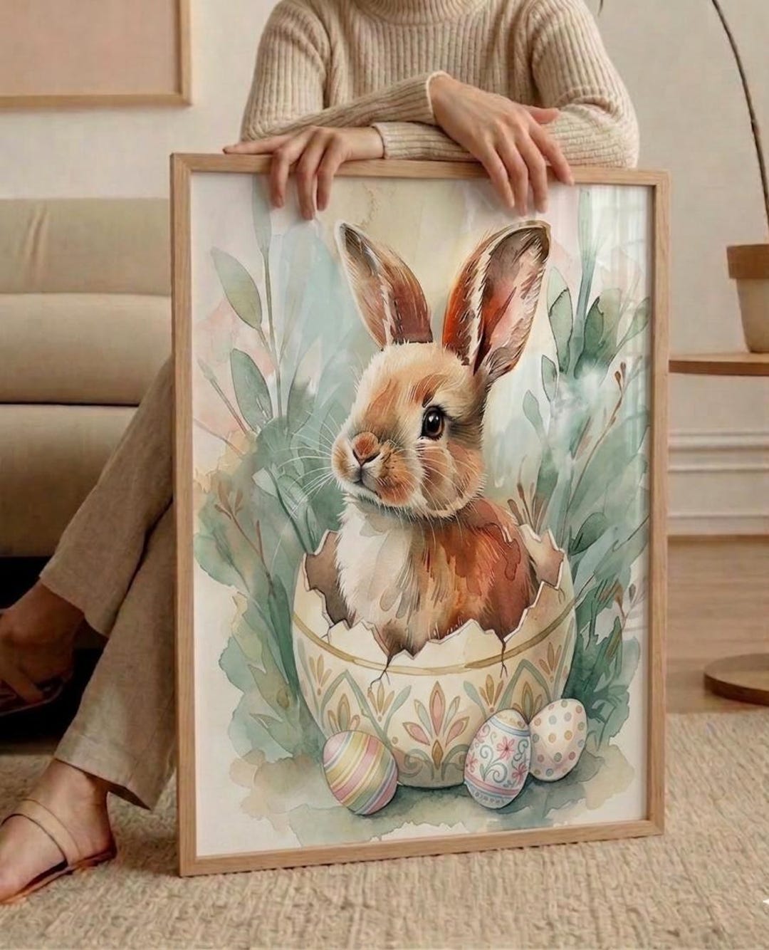 Easter Bunny Wall Art, Watercolor Rabbit in Egg Canvas Print, Spring ...