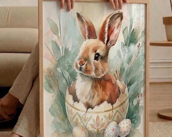 Easter Bunny Wall Art, Watercolor Rabbit in Egg Canvas Print, Spring Nursery Decor, Large Easter Bunny Poster, Cute Animal Painting