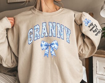 Custom Granny Sweatshirt: Blue Floral Toile Bow, Grandkids Names