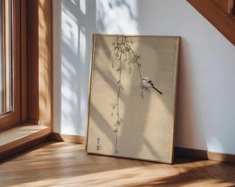 Long-tailed Tit Art Print Canvas, Japanese Style Bird Painting, Shima Enaga Wall Art, Minimalist Zen Home Decor, Vintage Nature Illustration
