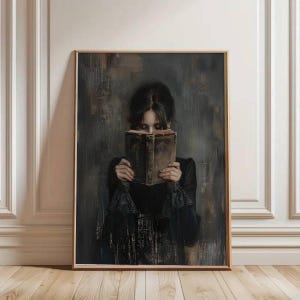 Victorian Woman Reading Bookish Wall Art Print , Dark Academia Decor, Librariancore Wall Art, Moody Reading Nook Painting, Book Lover Gift