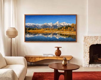Grand Teton Wall Art, Autumn Mountain Landscape Print, Large Panoramic Canvas, Snow Capped Peaks Wall Decor, Nature Photography Art