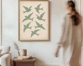 Sage Green Flying Birds Wall Art Print, Sun, Japandi Art, Abstract Landscape, Living Room Decor, Large, Japanese, Bedroom, Above Bed