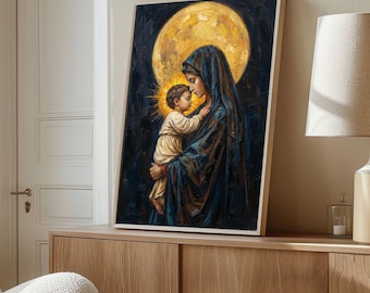 Catholic Mom and Child Wall Art Print, Virgin Mary with Baby Jesus, Religious Christian Art, Sacred Motherhood Painting,Spiritual Home Decor