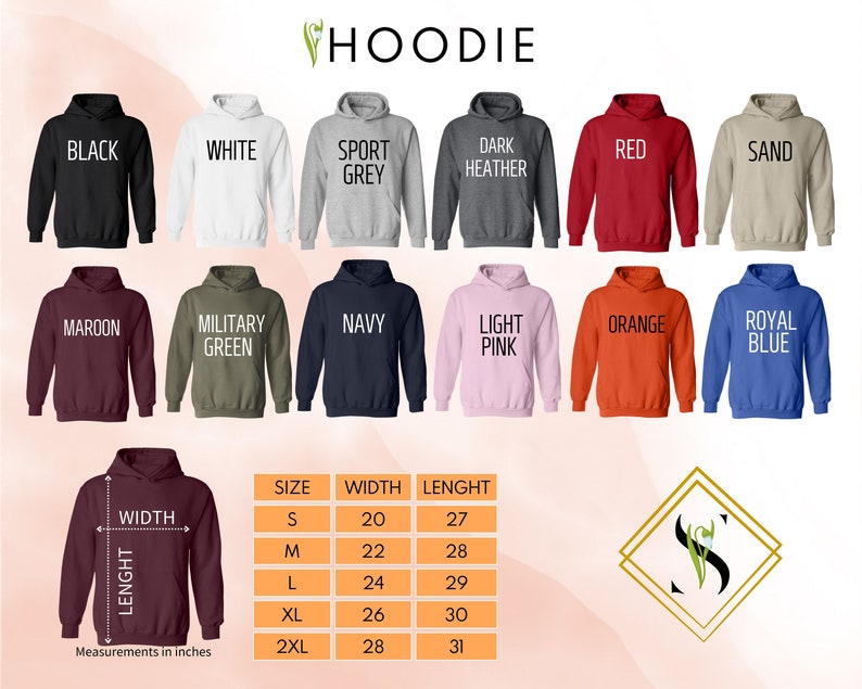 the hoodie sizes are shown in multiple colors