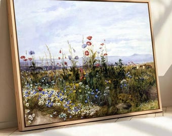 Vintage Botanical Landscape Sign, Floral Decor, Wildflower Field Framed Wall Art, Modern Farmhouse Canvas Art, Field Of Flowers Canvas Print