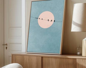 Japandi Canvas Wall Art: Sage Blue Landscape with Flying Birds